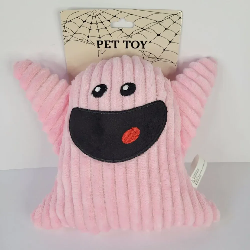 Pink Smiling Ghost Boo Plush Dog Pet Toy Summerween Spooky Halloween Squeaks 7